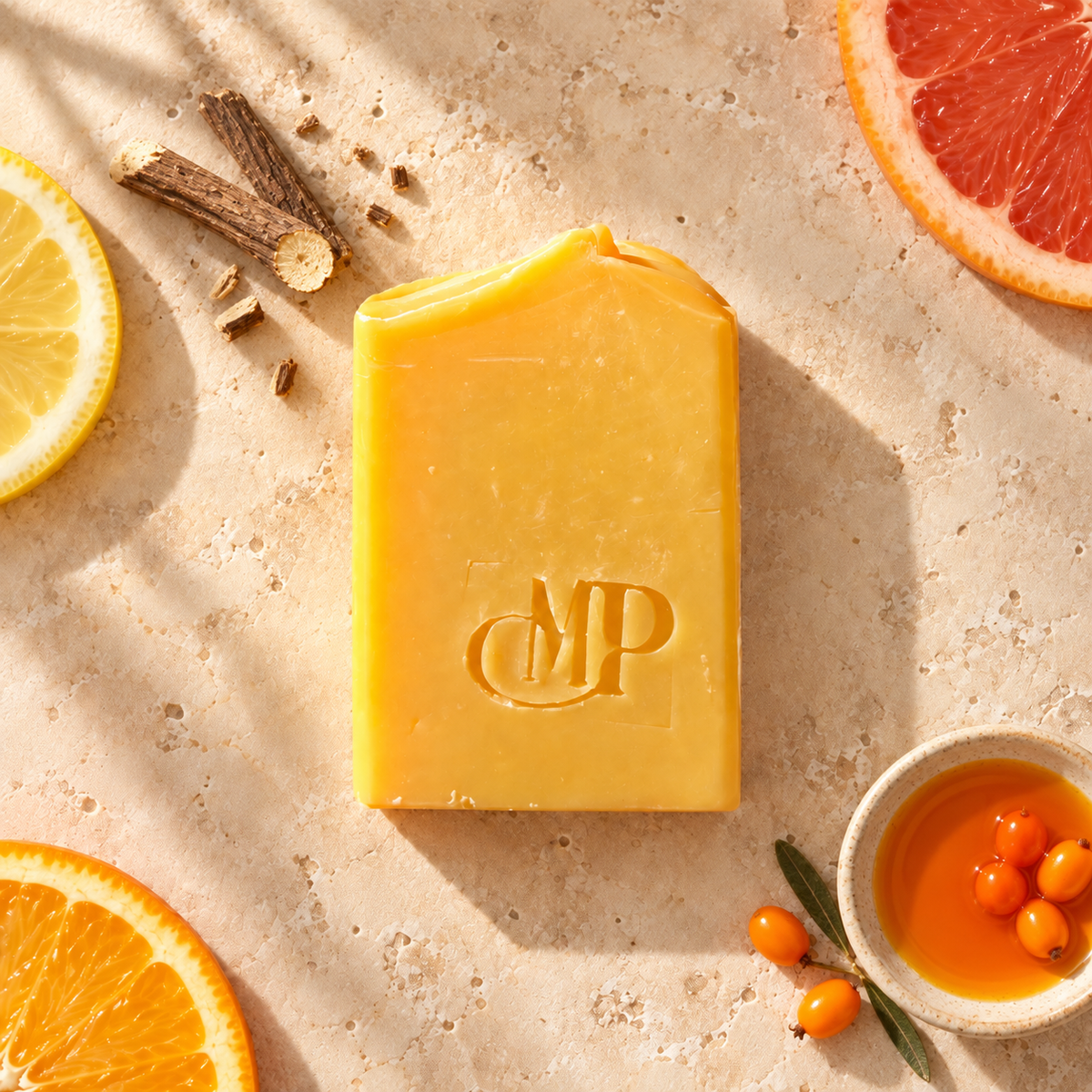 Turmeric, Sea Buckthorn & Licorice Soap — radiance and even complexion — cold-processed, made in France — 120g / 50g