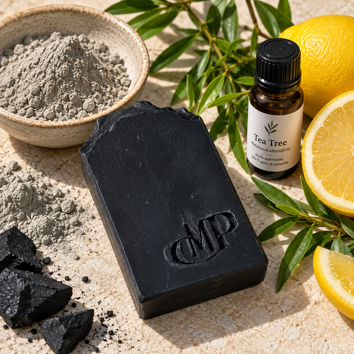 Activated Charcoal, Bentonite & Tea Tree Soap — oily and combination skin — cold-processed, made in France — 120g / 50g
