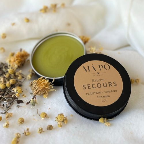 Baume de Secours MÂPÔ 60g ouvert — texture beurre de kokum et huile de tamanu, sans parfum ni huile essentielle
