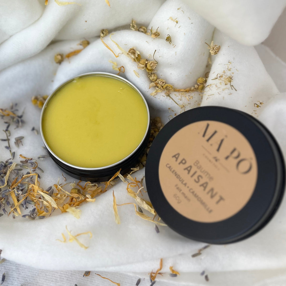 Baume Calendula MÂPÔ Cosmetics 60g — baume solide calendula, camomille et lavande, sans eau ni conservateur, fait main dans l'Hérault